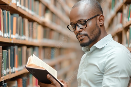 Man reading book while standing in library with rows of bookshelves around him