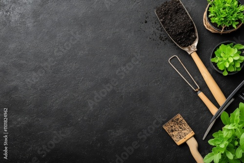 Preparing fresh herbs for planting in pots on a dark background with gardenin...