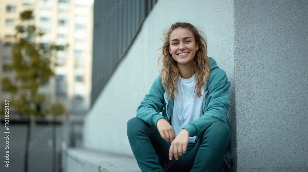 Smiling young woman sitting on a staircase in urban setting Smiling young woman sitting on a staircase in urban setting