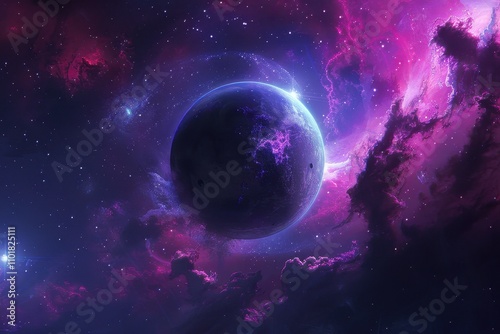 Glowing Purple Nebula and Distant Planet photo