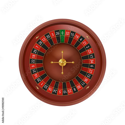 Casino gambling game or entertainment for gamblers. Vector isolated realistic 3d roulette top view. Wooden wheel with numbers and slots for ball. Trying luck and winning money, lucky jackpot