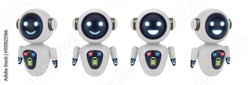 AI helper or virtual friend, isolated set of realistic 3d personage with smile on display. Vector cute characters with head and battery power statistics. Cyborg or android avatar, smiling bot