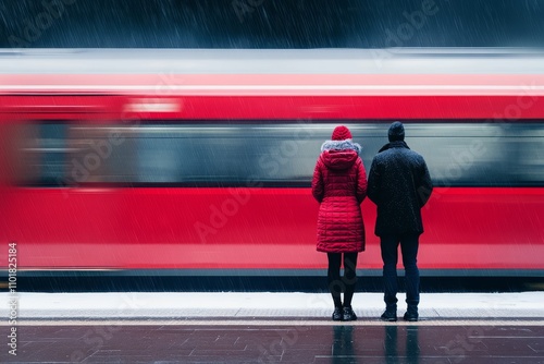 Couple waiting at a train station during snowfall for an approaching red train