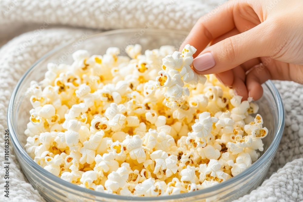 Close-up of a hand grabbing popcorn from a glass bowl, creating a cozy and snack-filled movie night vibe. Close-up of a hand grabbing popcorn from a glass bowl, creating a cozy and snack-filled movie night vibe.