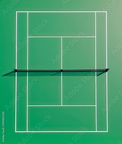 Minimalistic green tennis court on a sunny day, top down view