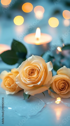 Elegant yellow roses and candles create a serene atmosphere for a relaxing ev...