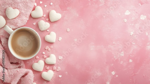 Cozy winter setup with a warm drink and soft pastel decorations on a pink bac...