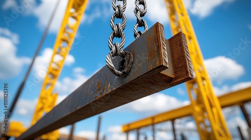 Close-up of a rusty steel beam suspended by cables from a crane, with blue skies and industrial equipment in the background.