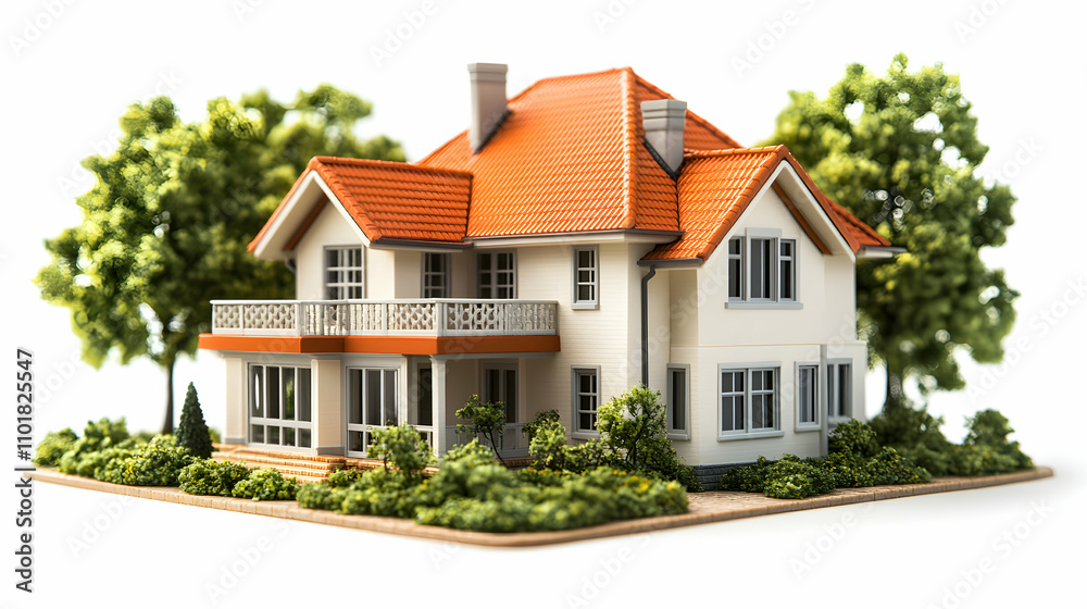 Charming Suburban House Model, A Detailed Architectural Miniature Displaying a Two-Story Home with Orange Roof Tiles, Lush Greenery, and a Balcony, Ideal for Real Estate Visualizations.