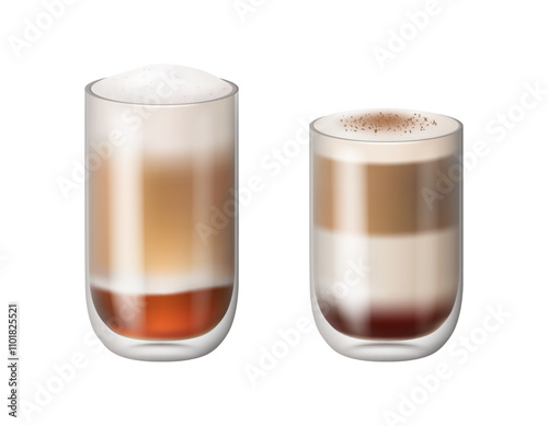 Latte macchiato cappuccino coffee drink with cream realistic isolated glass cups on white. Delicious iced beverage with foam and cream. Cold frozen or hot coffee, refreshing aromatic energy drink