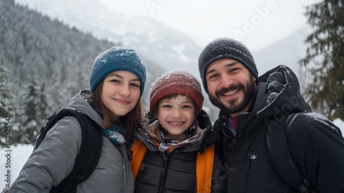 Family enjoys snowy hike in the mountains during winter break