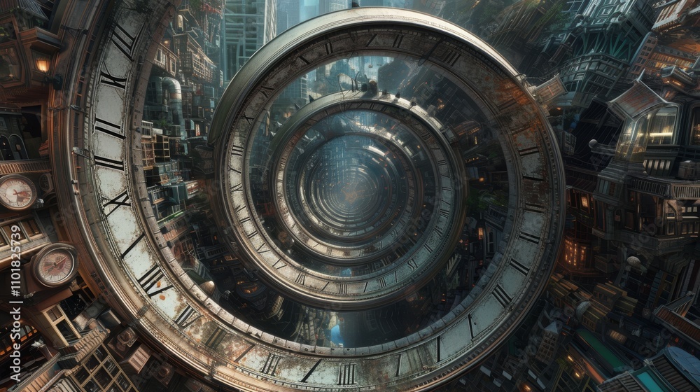 Obraz premium A mesmerizing spiral of Roman numeral clocks stretches infinitely through a dense futuristic cityscape. The intricate architecture and metallic details create a surreal and captivating atmosphere