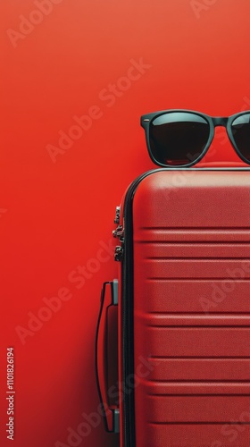 Travel essentials displayed with a red suitcase and stylish sunglasses for su...