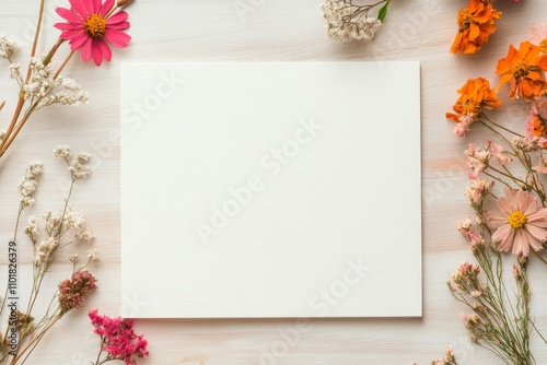 Delicate pink flowers and a cup of pink drink with a blank card on a light background