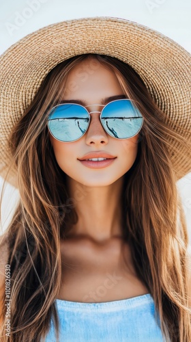 Woman wearing sunglasses and straw hat enjoying ocean view on a sunny day