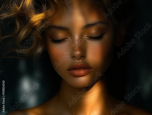 Freckled woman with closed eyes in dramatic light