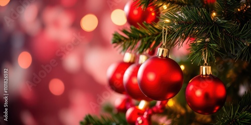 Christmas tree adorned with ornaments and glowing bokeh lights against a vibrant red background, celebration, Christmas