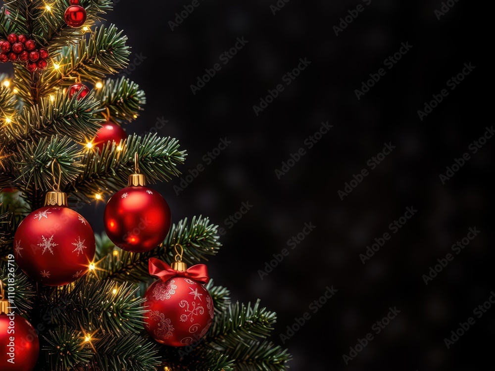 Christmas tree decorated with shimmering stars against a vibrant red background, decoration, traditional Christmas tree decorated with shimmering stars against a vibrant red background, decoration, traditional