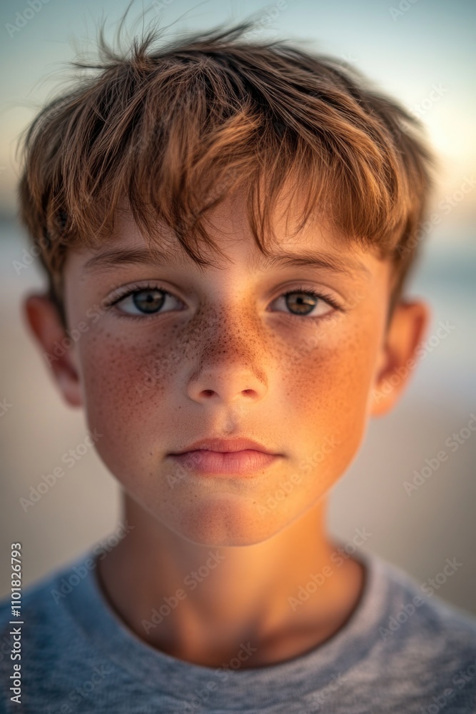 A detailed view of a youthful individual's facial features, characterized by distinctive freckle patterns A detailed view of a youthful individual's facial features, characterized by distinctive freckle patterns