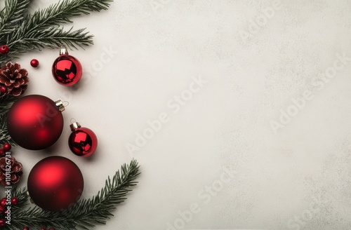 Festive decorations with red ornaments and pine branches for holiday celebration