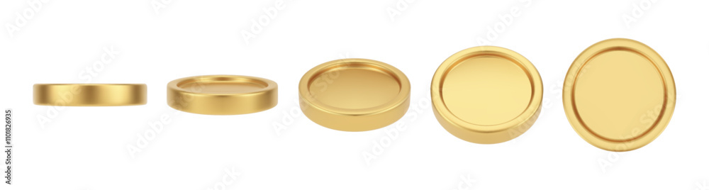 Front and side view of golden coin. Vector isolated realistic 3d money or round metal piece with copy space. Financial assets and capital, investment and deposit, currency and commerce market Front and side view of golden coin. Vector isolated realistic 3d money or round metal piece with copy space. Financial assets and capital, investment and deposit, currency and commerce market