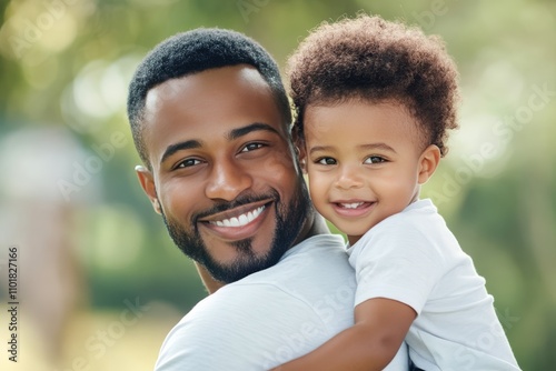 Father holds child with affection in outdoor setting during sunny day