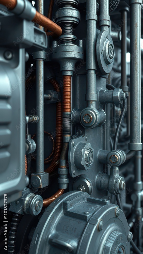 Close-up of grey industrial machinery with mechanical parts, manufacturing, technology, production Close-up of grey industrial machinery with mechanical parts, manufacturing, technology, production