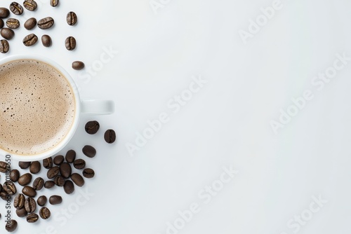 Enjoying a warm cup of coffee with roasted beans scattered on the table