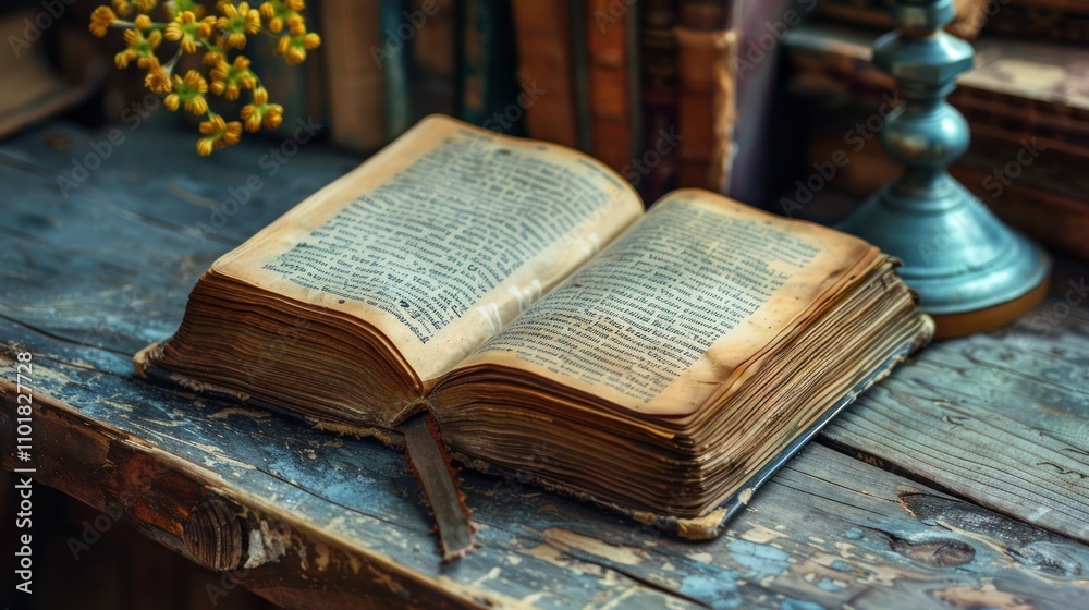 Obraz premium An old, open book resting on a wooden table with vintage decor in the background.