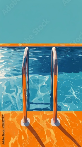 Calm blue swimming pool with steps under a clear sky at sunny midday