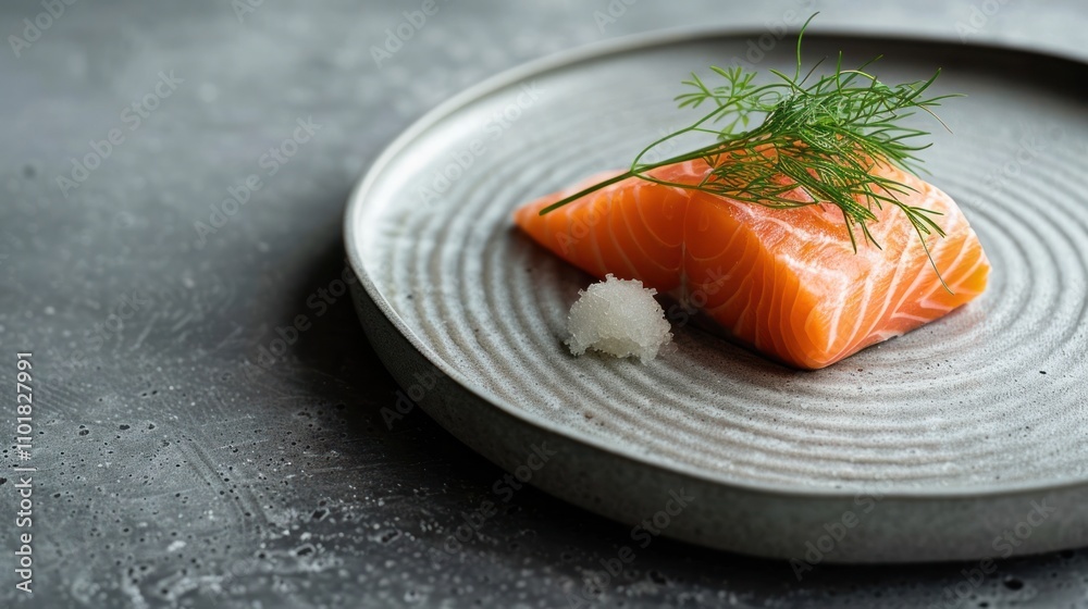 Close up of a salmon fillet served on a minimalist ceramic plate with a sprig of dill as a garnish set against a neutral gray background The simple Close up of a salmon fillet served on a minimalist ceramic plate with a sprig of dill as a garnish set against a neutral gray background The simple