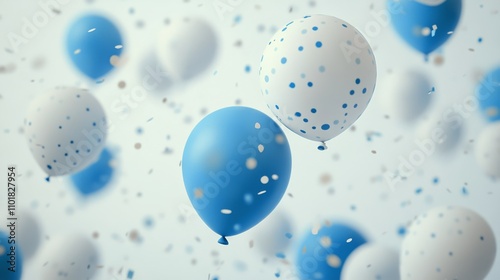 Colorful balloons floating in the air at a festive celebration with confetti