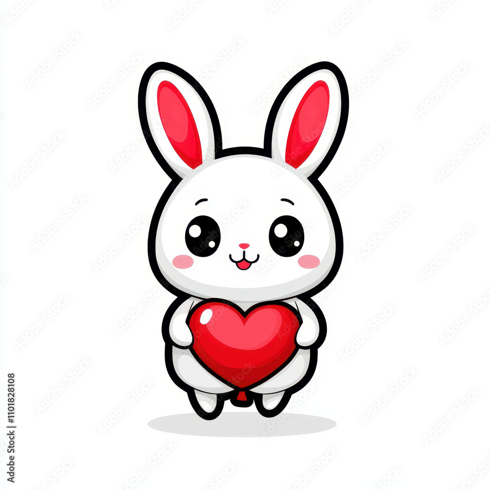 Cute cartoon bunny holding red heart, expressing joy and love. This adorable character is perfect for children illustrations and Valentine Day themes Cute cartoon bunny holding red heart, expressing joy and love. This adorable character is perfect for children illustrations and Valentine Day themes