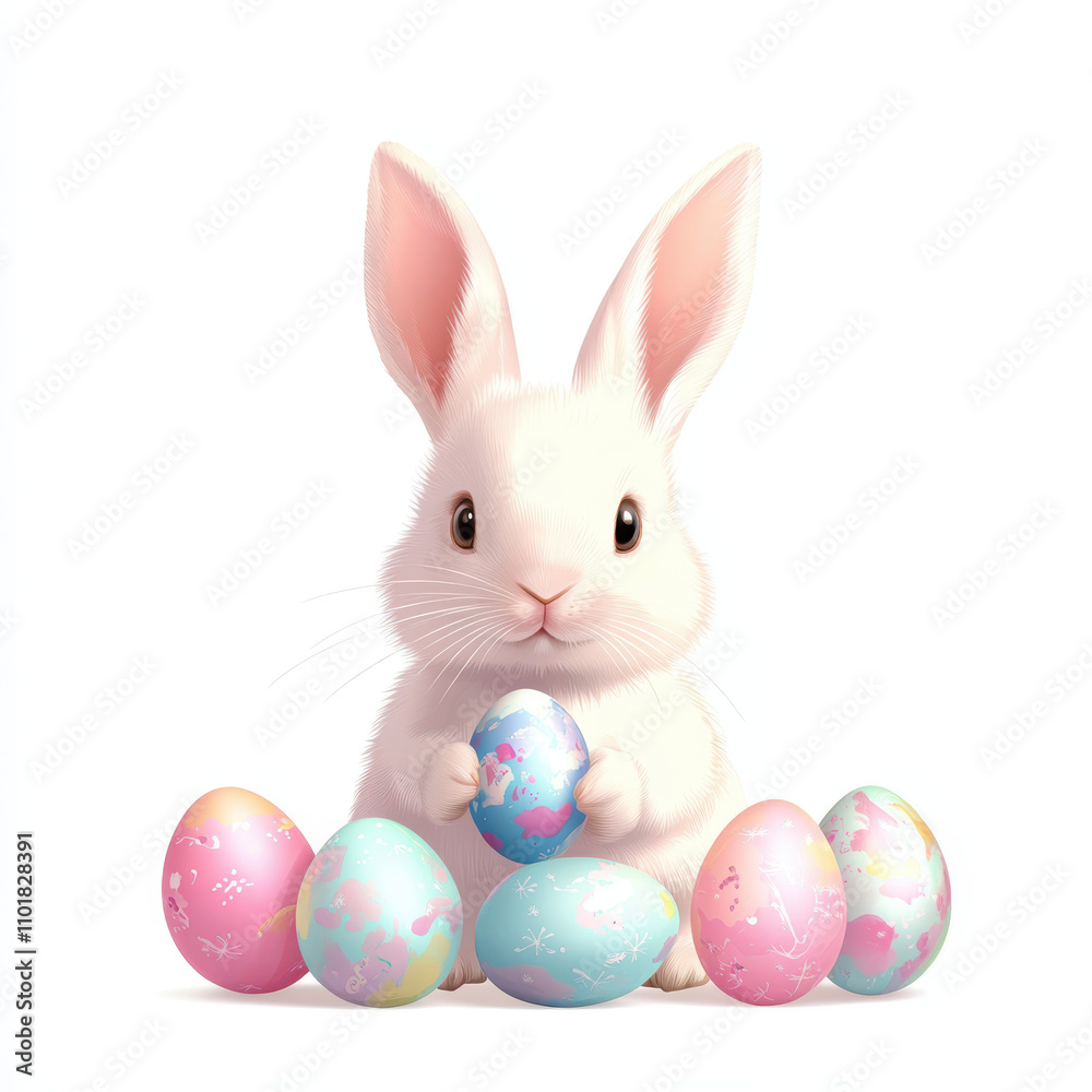 cute cartoon bunny holds colorful Easter egg surrounded by decorated eggs. This joyful scene captures spirit of Easter with vibrant colors and playful design cute cartoon bunny holds colorful Easter egg surrounded by decorated eggs. This joyful scene captures spirit of Easter with vibrant colors and playful design