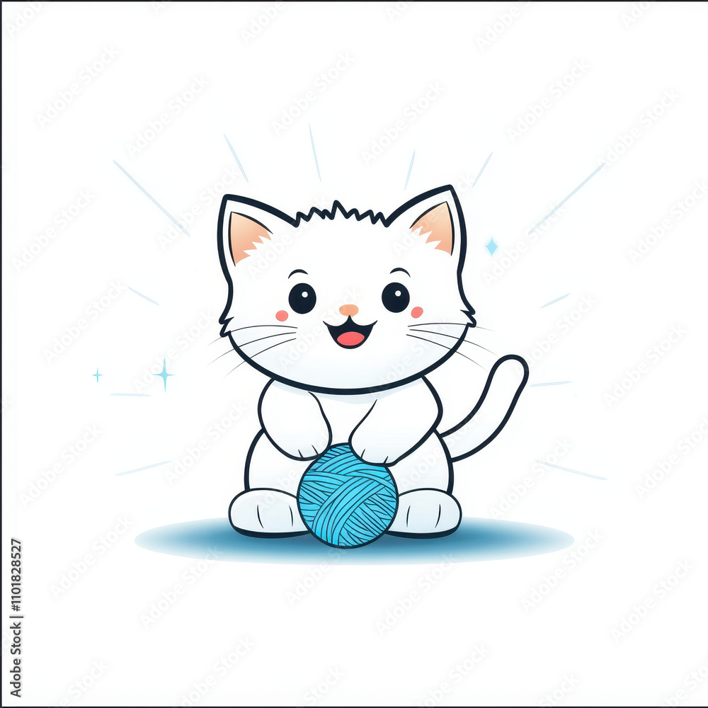 Fototapeta premium Cute cartoon cat playing with blue ball of yarn, expressing joy and playfulness. This adorable feline character is perfect for children illustrations and pet themed designs