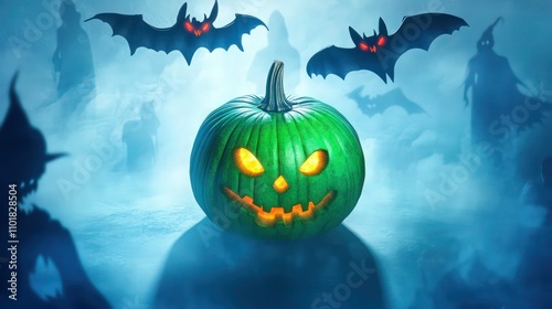A vibrant green pumpkin with eerie glowing eyes at the center, standing out against a foggy blue backdrop. 