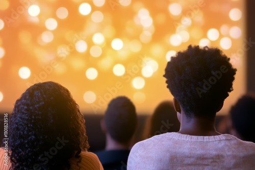 Group of men attentively watching a presentation in a modern conference space...