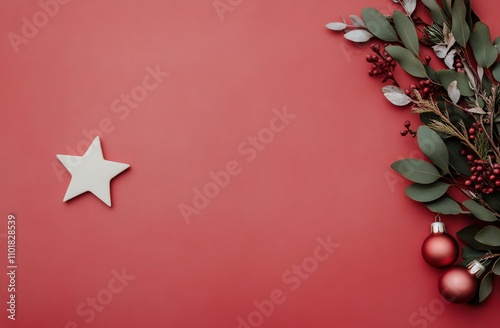 Festive decorations arranged on a bright red background for holiday celebrations