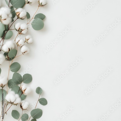 Cotton bolls and eucalyptus leaves arranged on a soft white background for a ...
