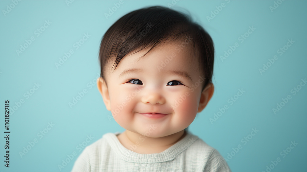 joyful baby with dark hair smiles brightly against light blue background, radiating happiness and innocence. joyful baby with dark hair smiles brightly against light blue background, radiating happiness and innocence.