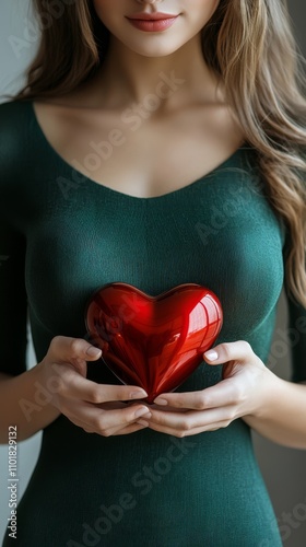 Young woman holds red heart object in elegant green dress standing in soft light