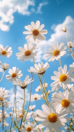 Fields of daisies blooming under a clear blue sky in springtime sunlight