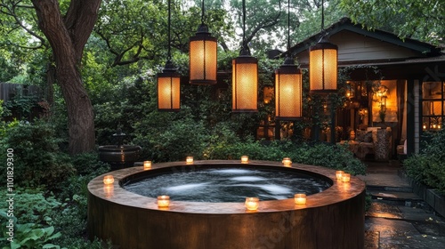 A relaxing outdoor hot tub with candles and lanterns at dusk.