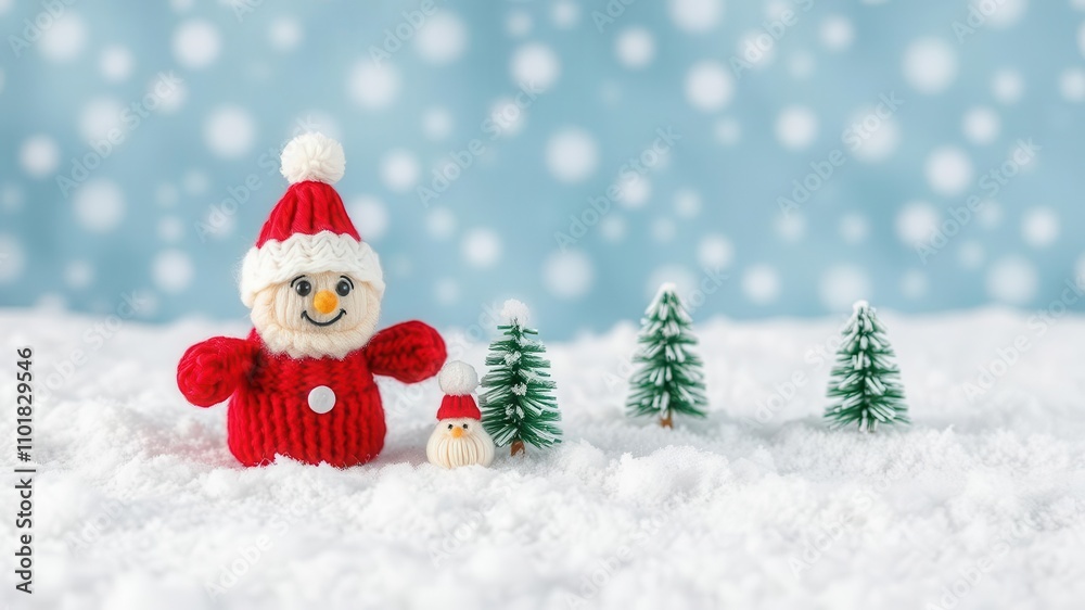 Little knitted snowmen happily sitting on fluffy snow against a serene blue backdrop, decoration, joyful Little knitted snowmen happily sitting on fluffy snow against a serene blue backdrop, decoration, joyful