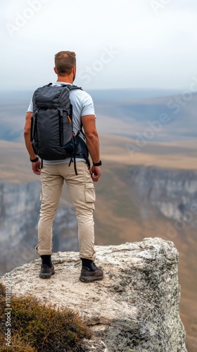 Hiker standing on a cliff edge overlooking a vast landscape in a mountainous ...