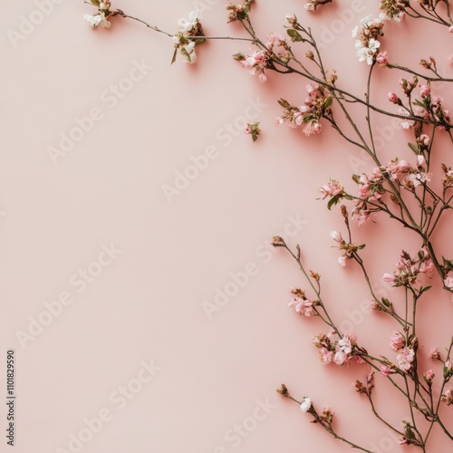 Decorative pink background with white eggs and blooming branches for spring c...