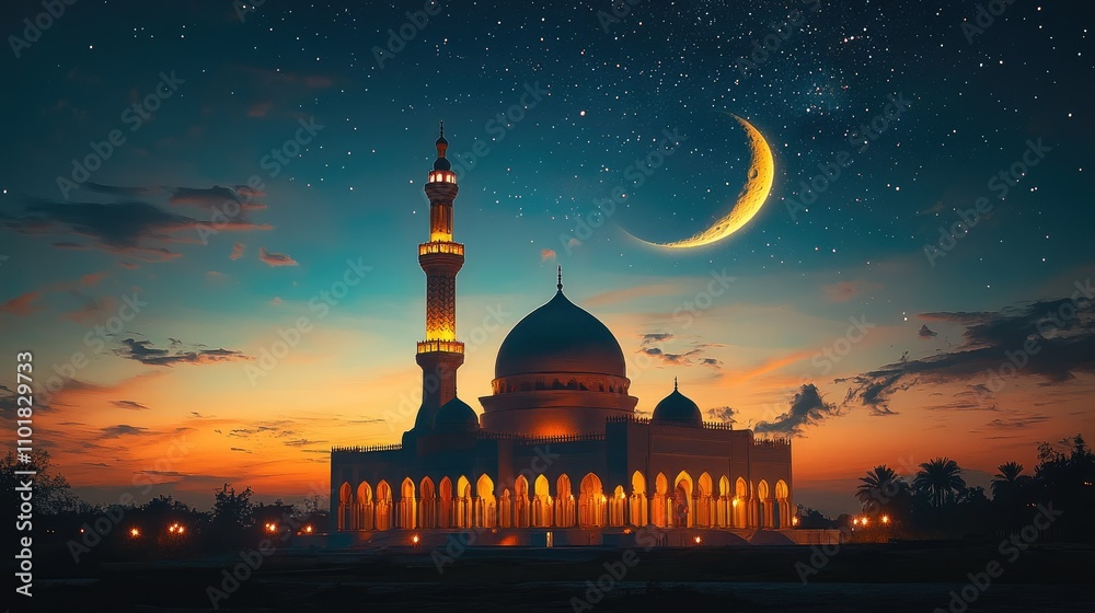 Illuminated mosque at sunset with crescent moon and stars. Illuminated mosque at sunset with crescent moon and stars.