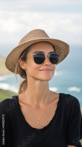 Woman wearing sunglasses and straw hat enjoying ocean view on a sunny day