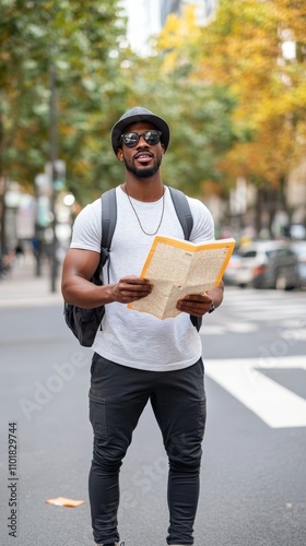 Young man explores city streets while reading a map on a sunny autumn day