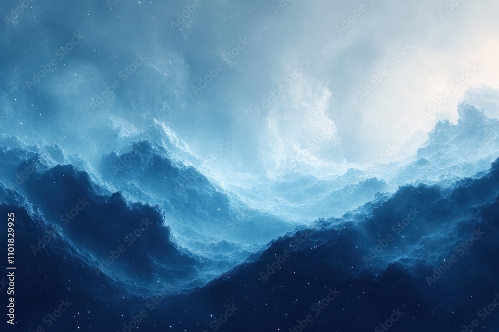 An abstract blue and white landscape with clouds and stars. An abstract blue and white landscape with clouds and stars.